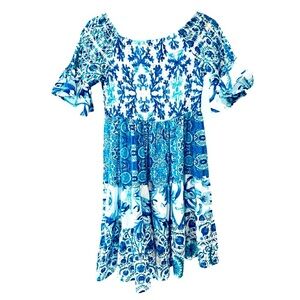 Antica Sartoria Dress Cover Up Blue & White Boho One Size Ruffle Sleeve